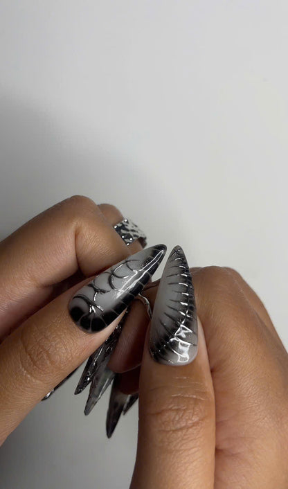 Long Black Stiletto Press On Nails 3D Chrome Gothic Nail Set Holographic Abstract Fake Nails