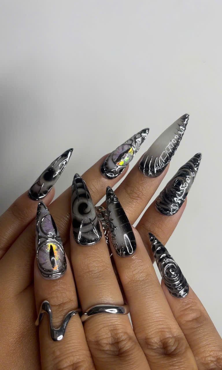 Long Black Stiletto Press On Nails 3D Chrome Gothic Nail Set Holographic Abstract Fake Nails
