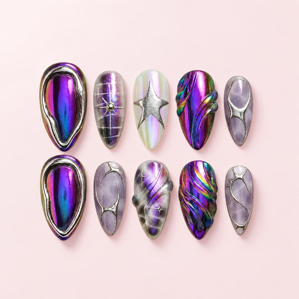Purple Chrome Star Stiletto Press-On Nails