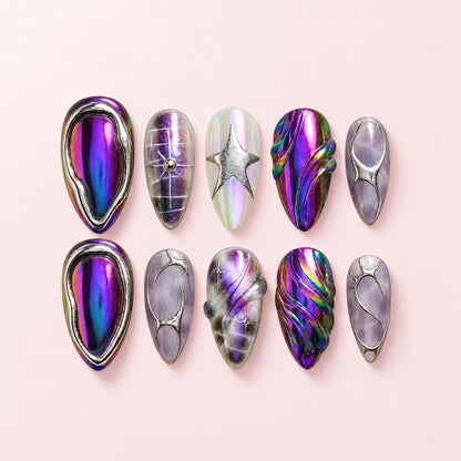 Purple Chrome Star Stiletto Press-On Nails