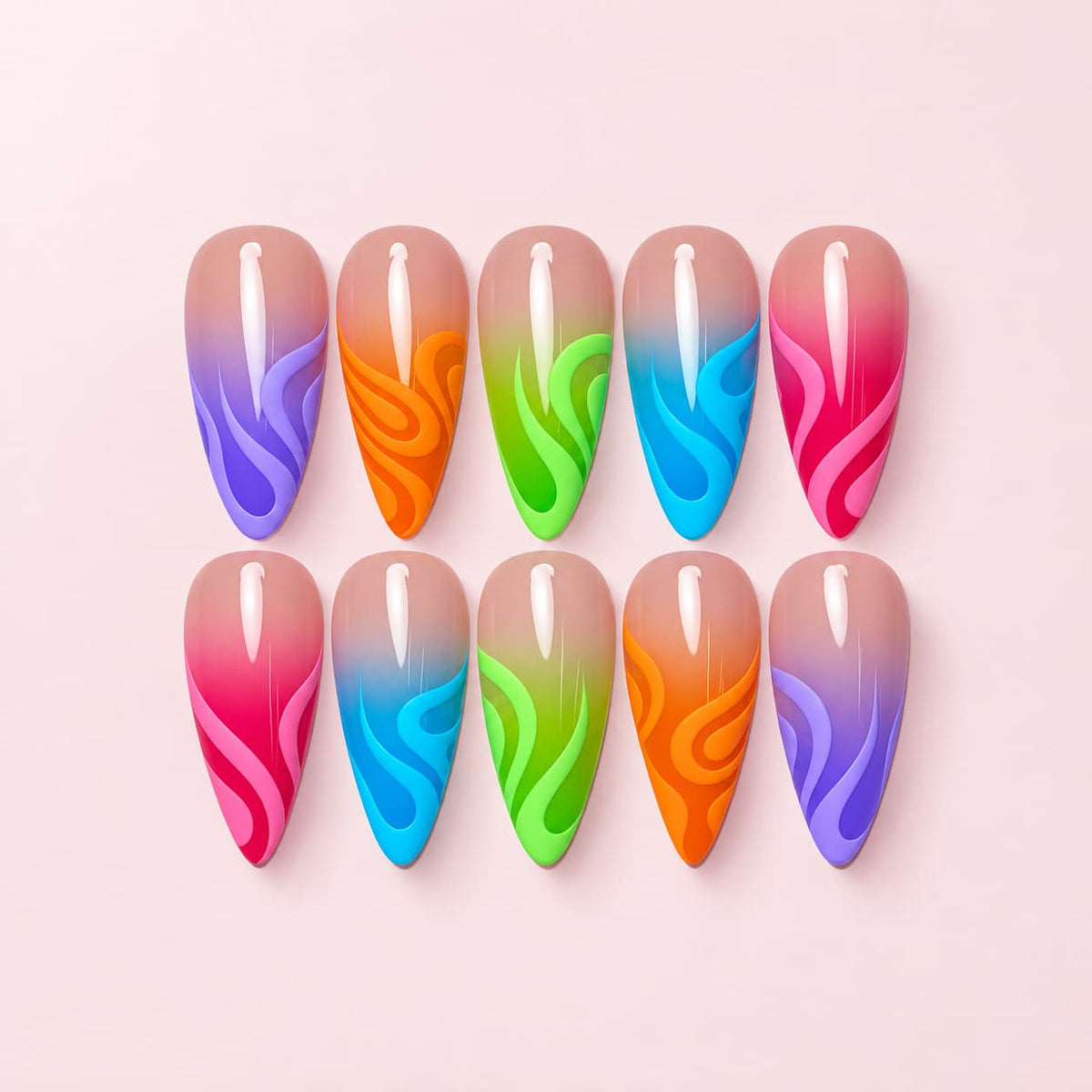 Rainbow Neon Flame Almond Press-On Nails