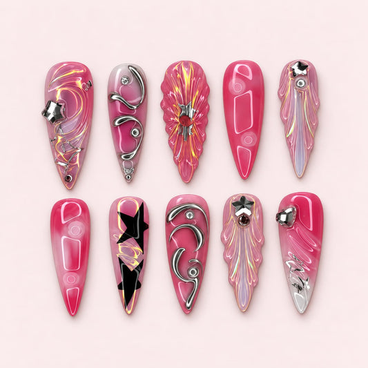 Raspberry Foil Stiletto Press-On Nails