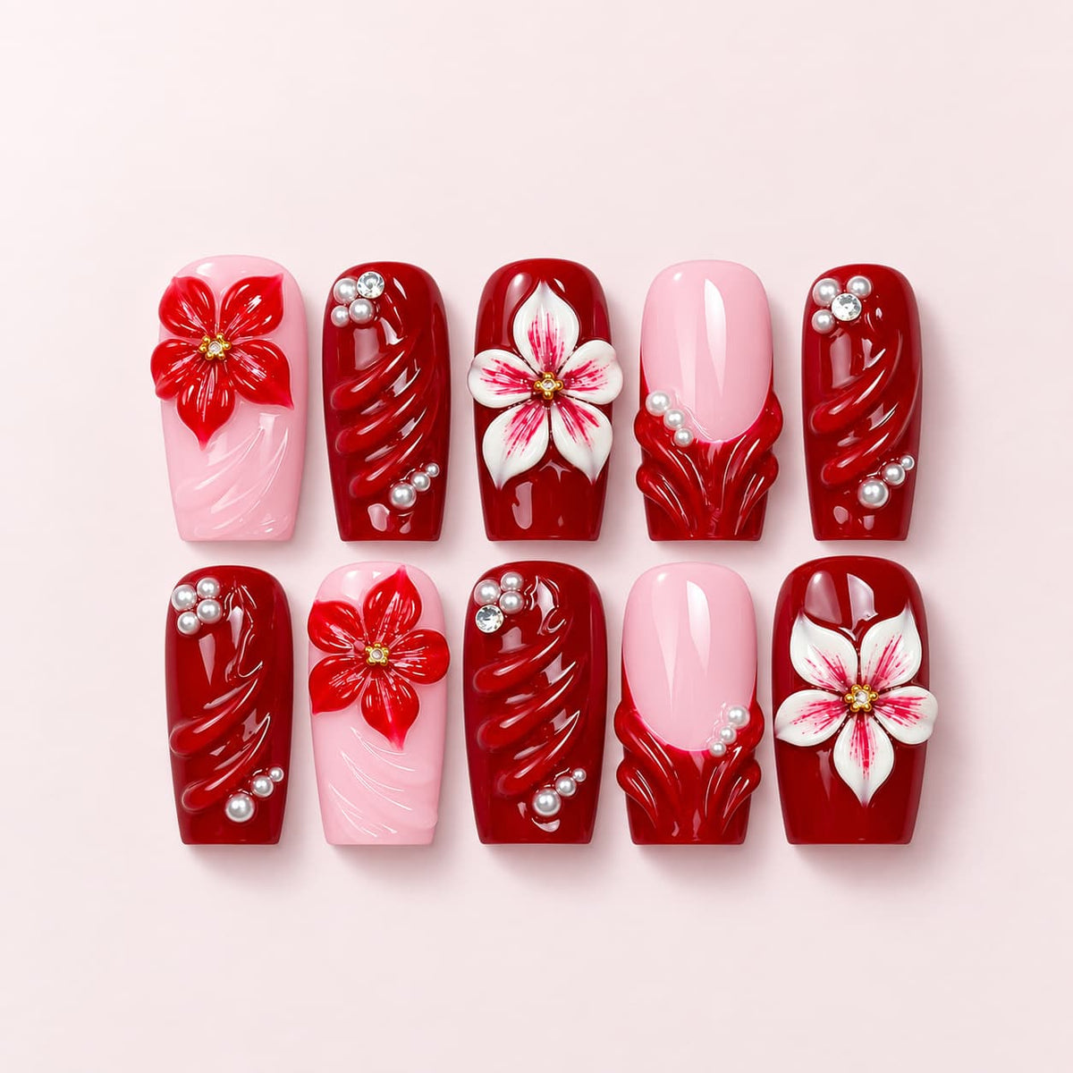 Red Blossom Coffin Press-On Nails - 3D Floral Set
