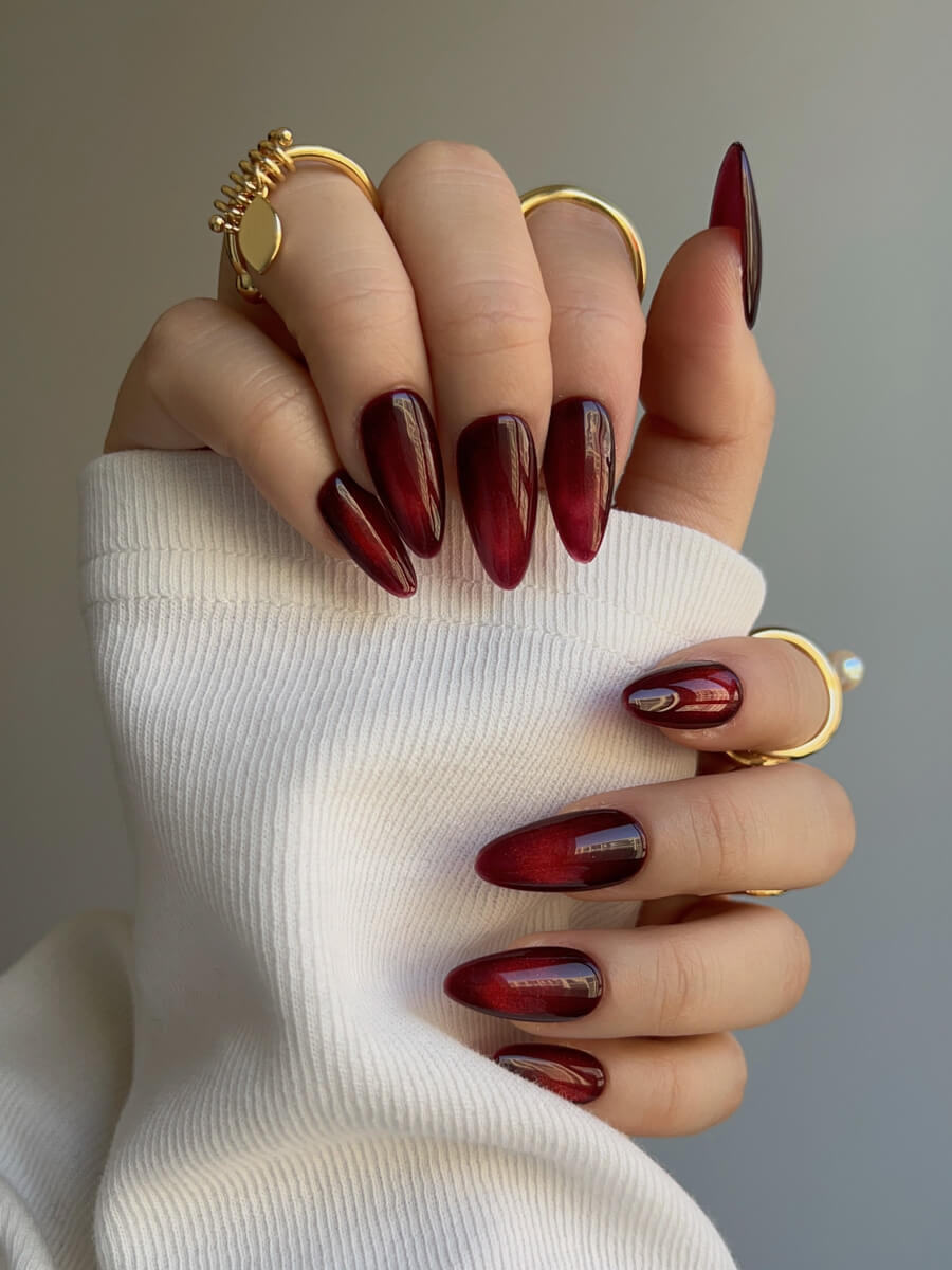 Deep Red Cat Eye Reusable Press On Nails
