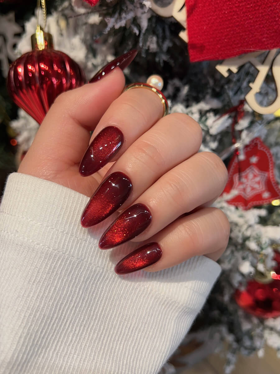 Deep Red Cat Eye Reusable Press On Nails