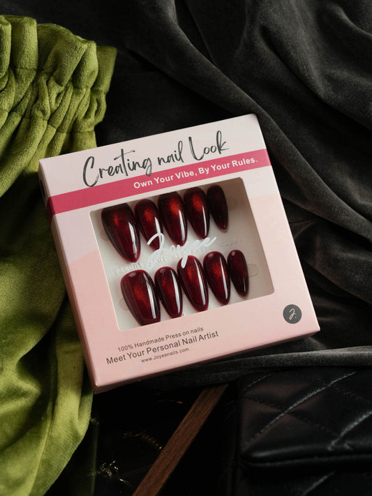 Deep Red Cat Eye Reusable Press On Nails