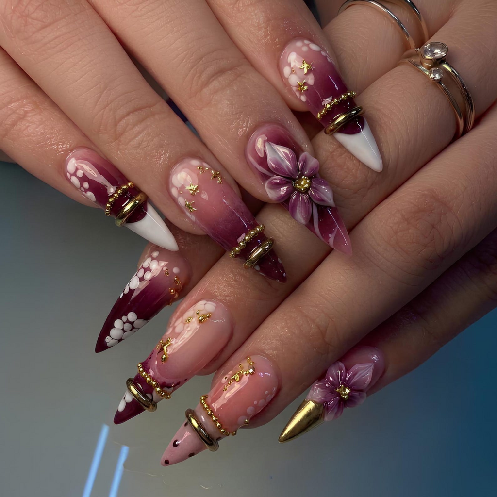 Burgundy Floral Press On Nails, 3D Flower Gold Ring Nails, Coquette Cherry Blossom
