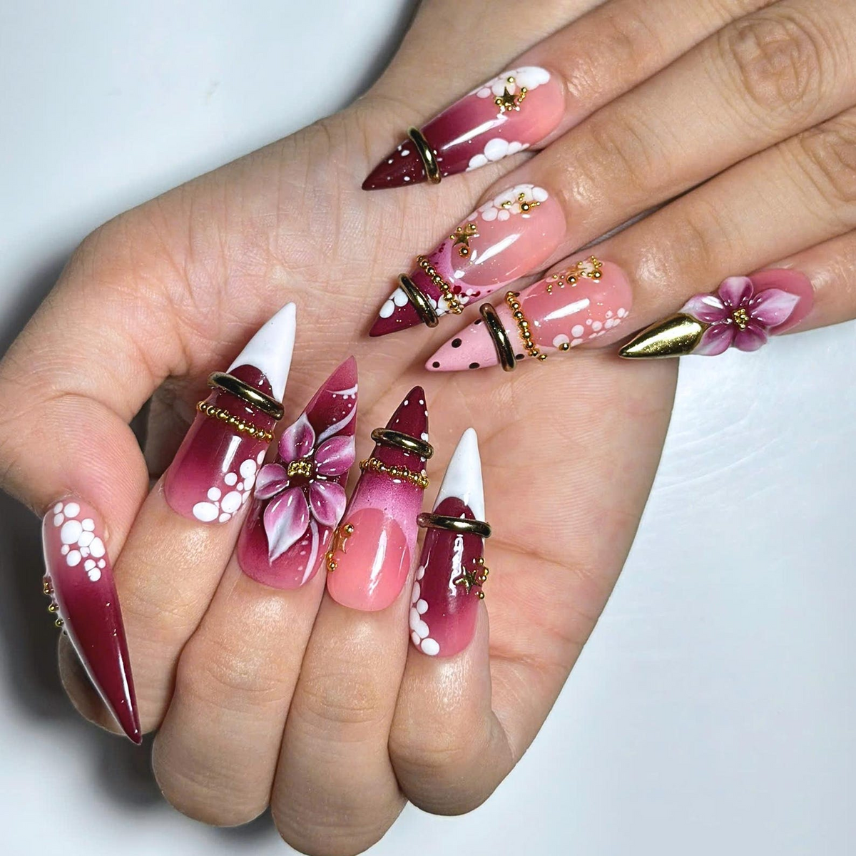 Burgundy Floral Press On Nails, 3D Flower Gold Ring Nails, Coquette Cherry Blossom