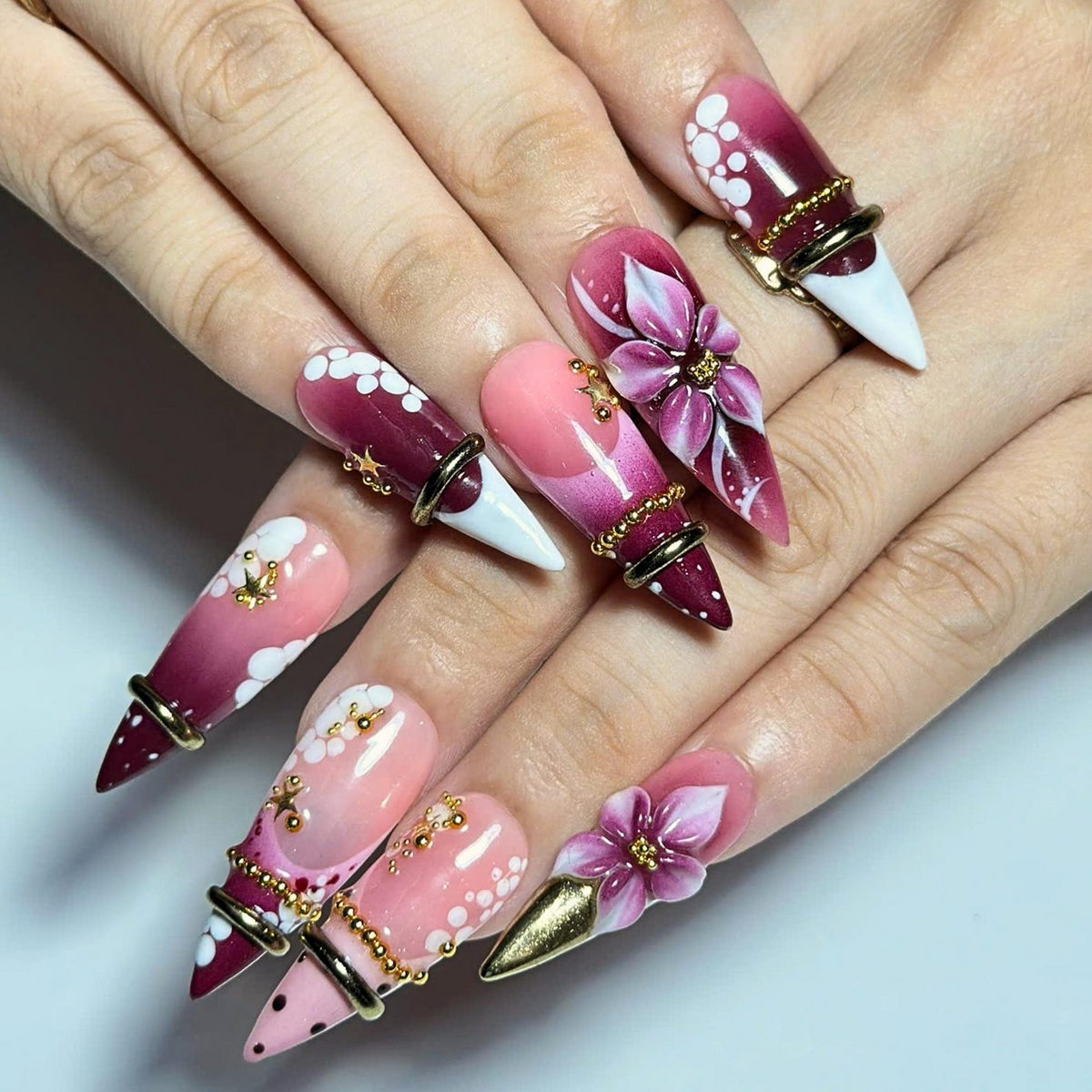 Burgundy Floral Press On Nails, 3D Flower Gold Ring Nails, Coquette Cherry Blossom