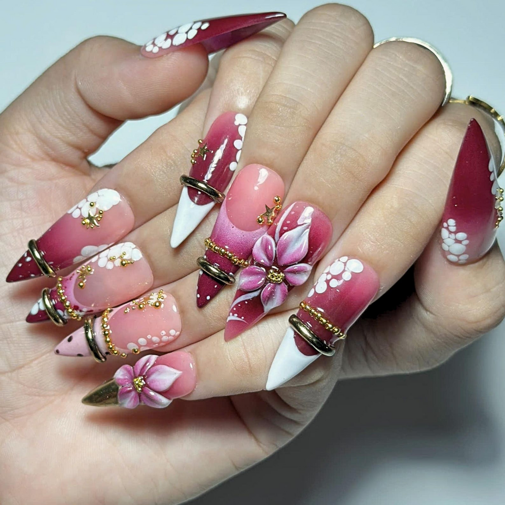 Burgundy Floral Press On Nails, 3D Flower Gold Ring Nails, Coquette Cherry Blossom