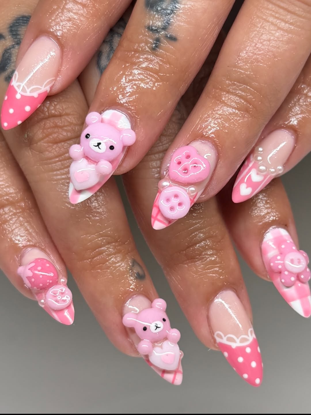 Pink Korilakkuma Picnic Press On Nails by Faithsfullsets, 3D Gingham & Heart Button Kawaii
