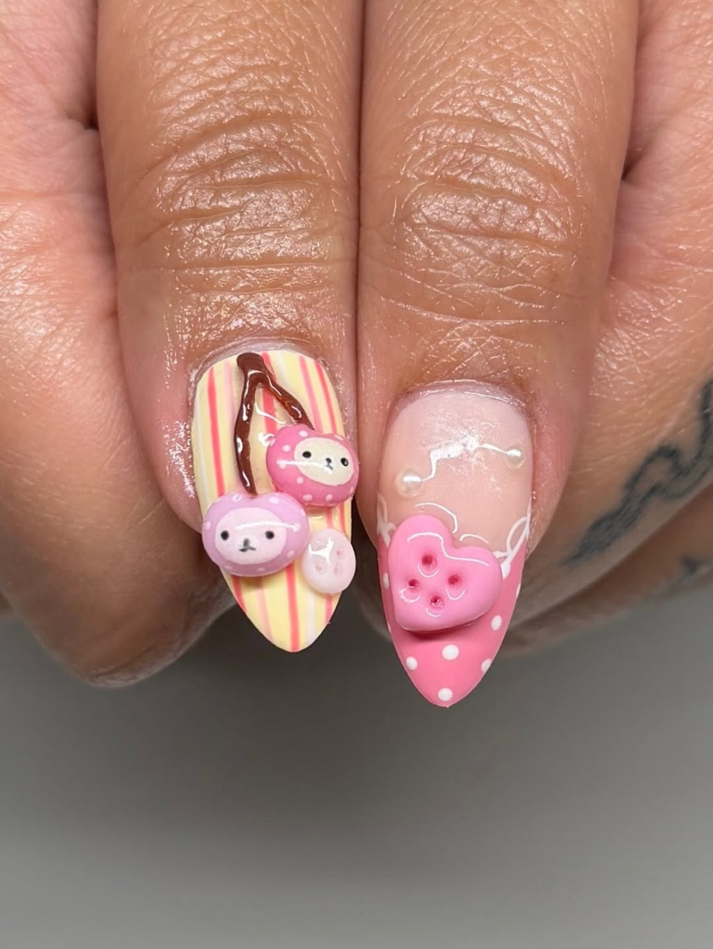 Pink Korilakkuma Picnic Press On Nails by Faithsfullsets, 3D Gingham & Heart Button Kawaii