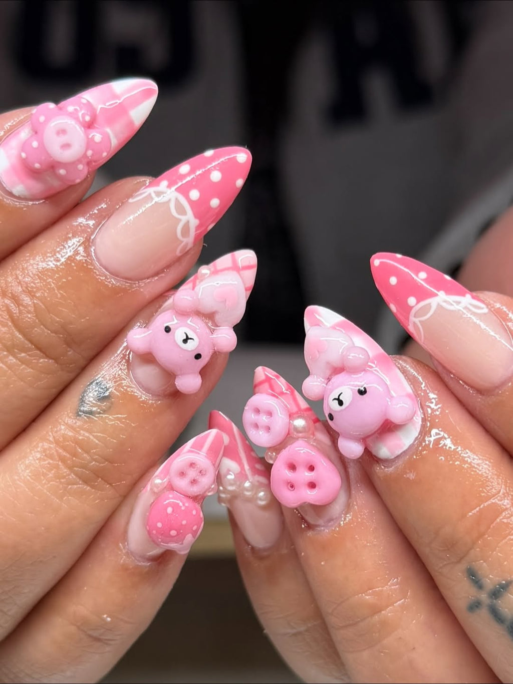 Pink Korilakkuma Picnic Press On Nails by Faithsfullsets, 3D Gingham & Heart Button Kawaii