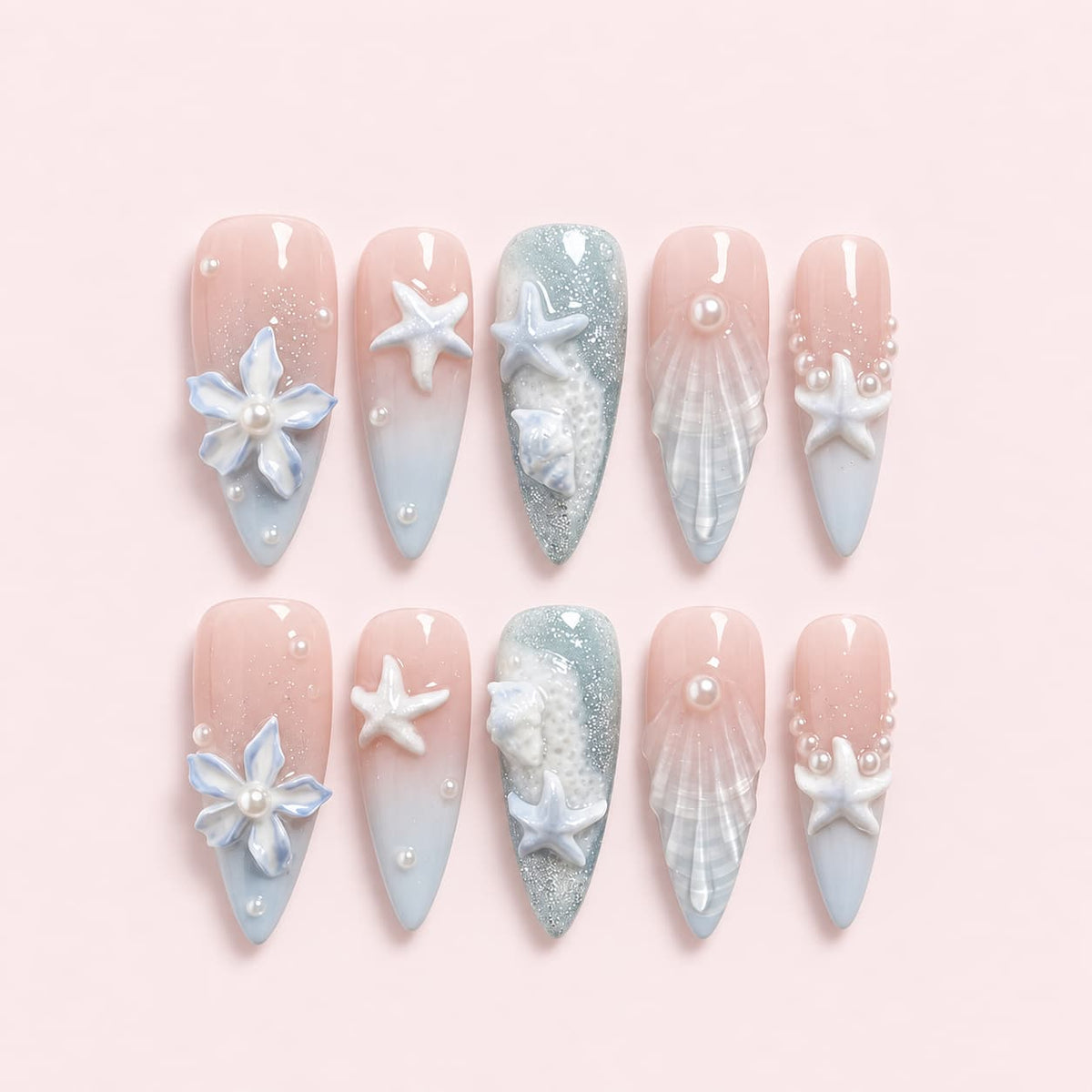 Seashell Marble Almond Press-On Nails