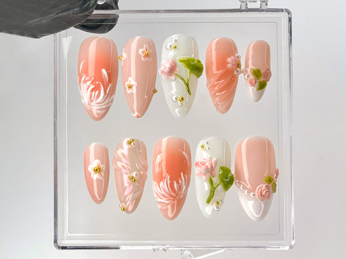Sophisticated Lotus Flower Press On Nails, 3D Pink and White Lotus Acrylic Nails