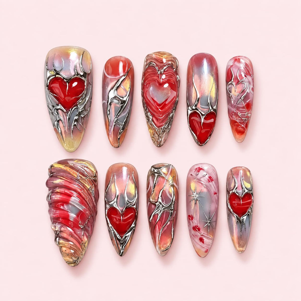 Silver Heart Chrome Stiletto Press-On Nails