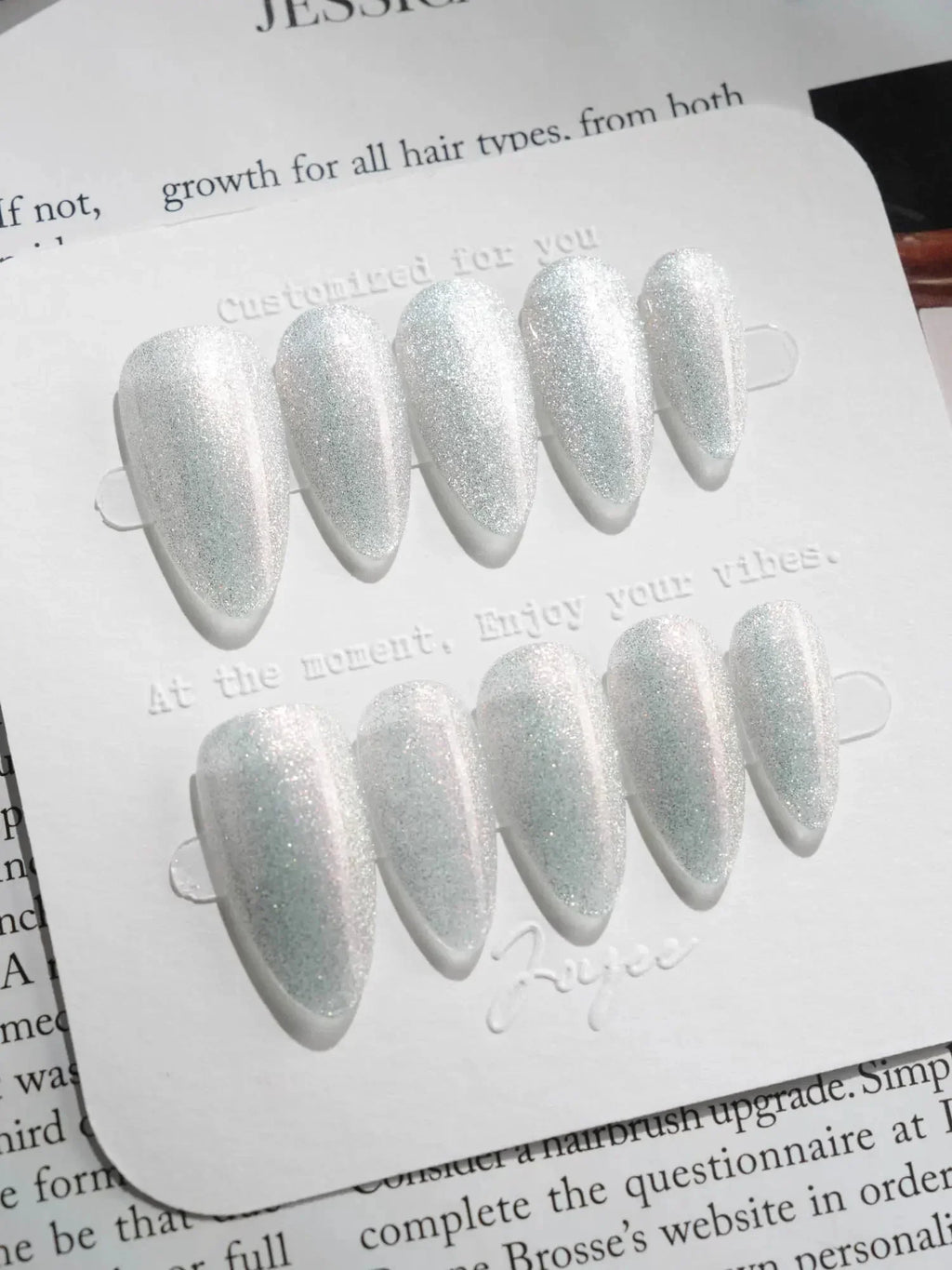 Silver White Cat Eye Reusable Press On Nails