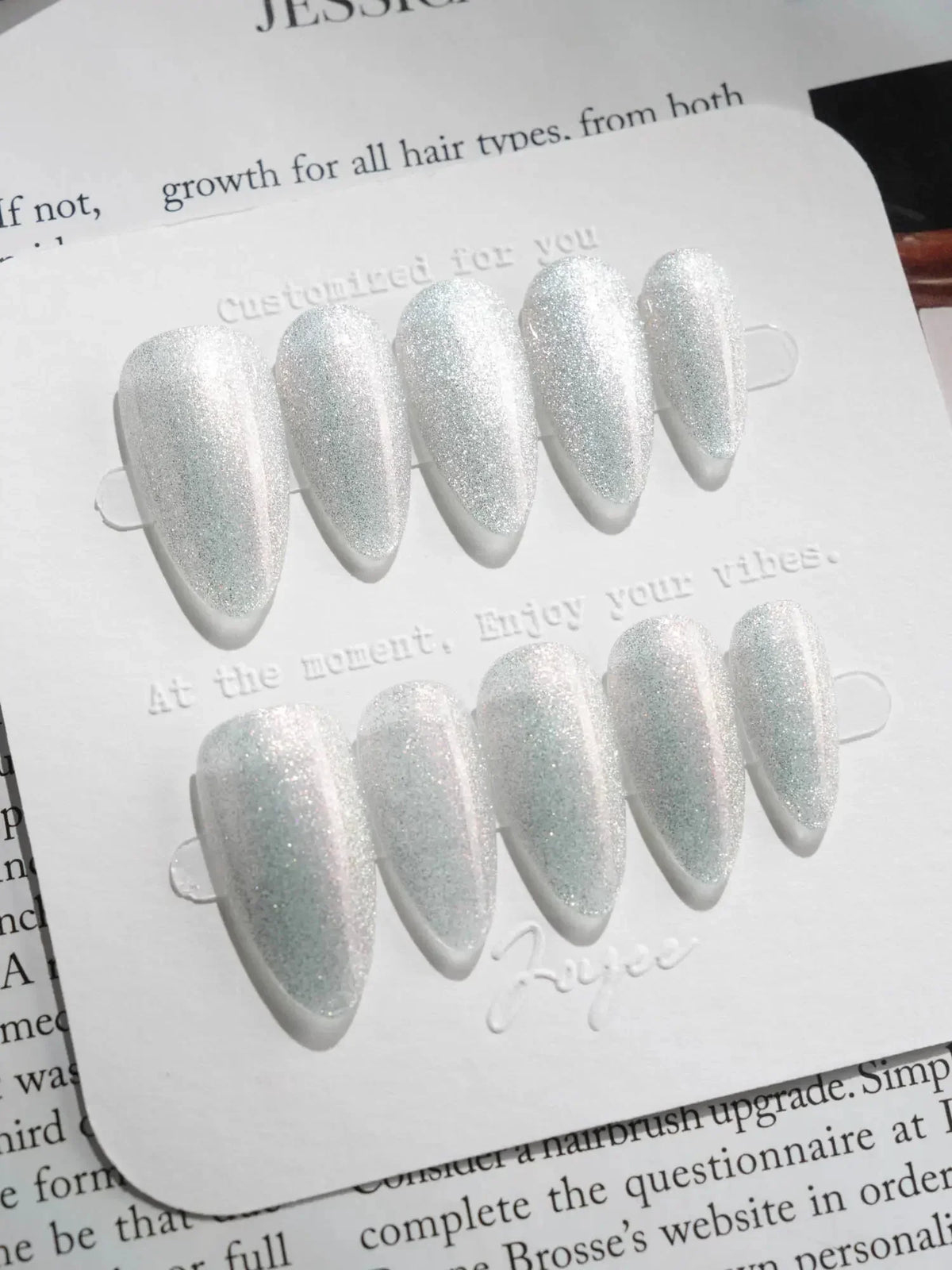 Silver White Cat Eye Reusable Press On Nails