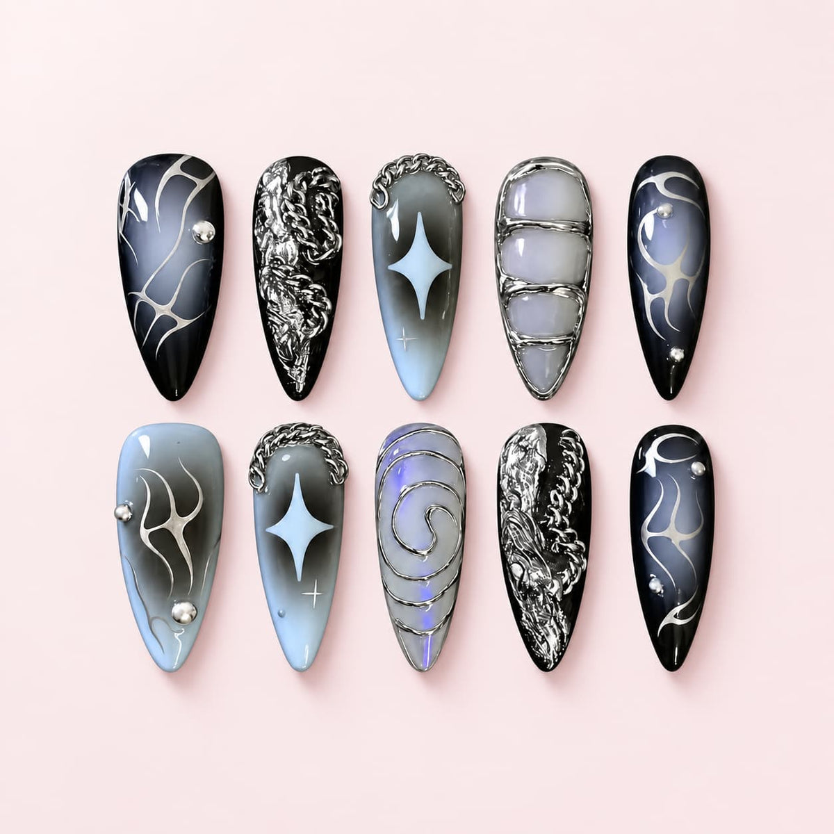 Smoke and Chain Stiletto Press-On Nails - Hand-Painted