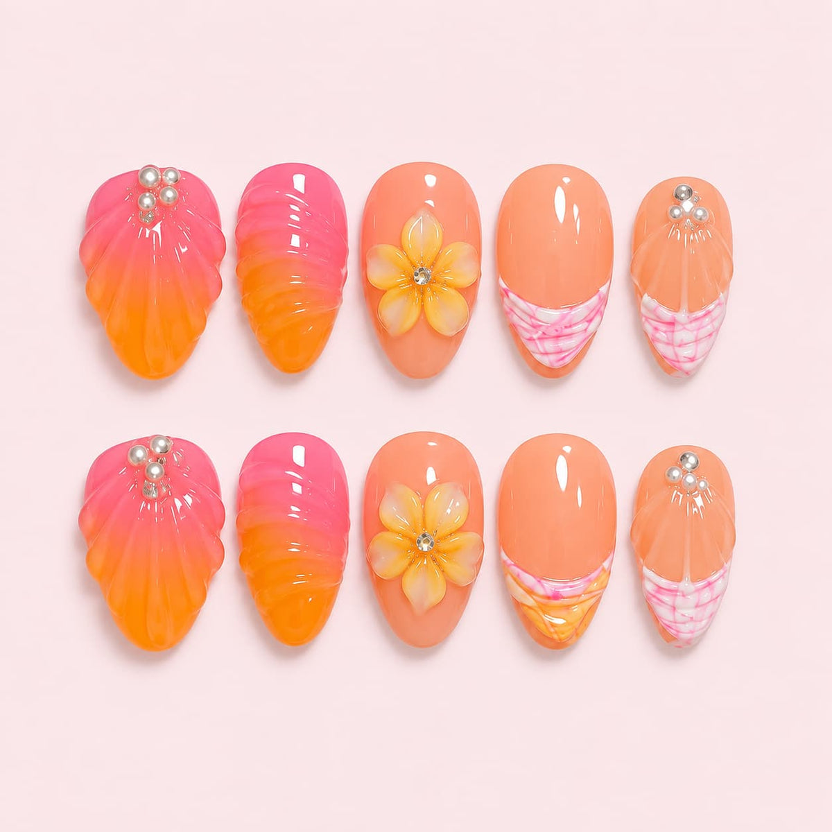 Sunset Seashell Almond Press-On Nails - Hand-Painted