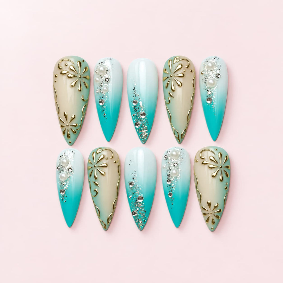 Teal Gold Floral Stiletto Press-On Nails - Hand-Painted