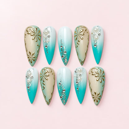 Teal Gold Floral Stiletto Press-On Nails - Hand-Painted