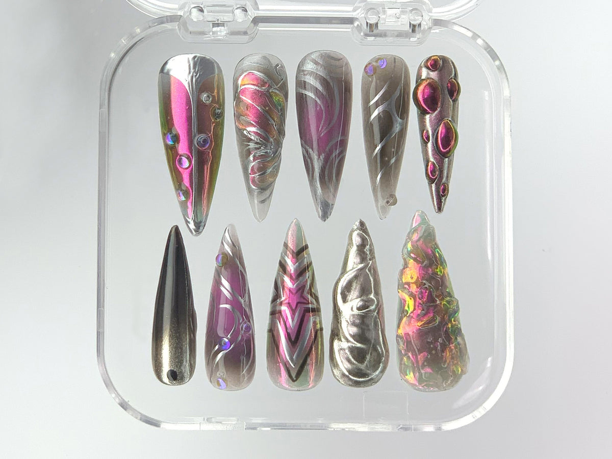 Futuristic Metallic Press On Nails, Unique 3D Holographic Fake Nails, Chrome Metallic