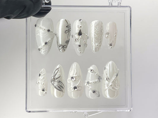 Chic Bridal Press On Nails, Sophisticated White and Silver Fake Nails, Elegant Pearl