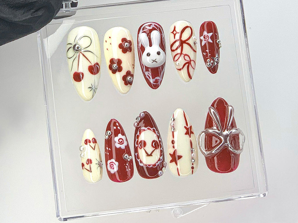 Adorable 3D Bunny Press On Nails, Hand-Painted Kawaii Bunny And Bow Acrylic Nails