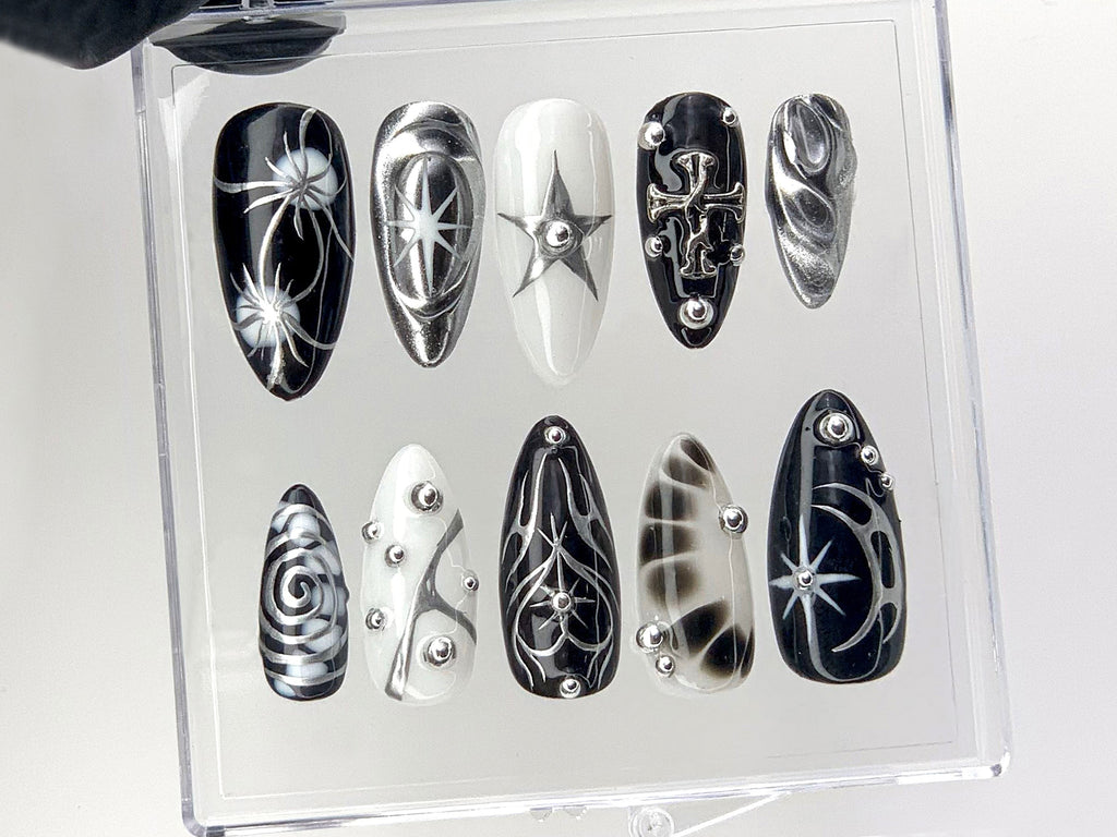 Elegant Gothic Press On Nails, 3D Designs with Cross, Star, Spiral Acrylic Nails
