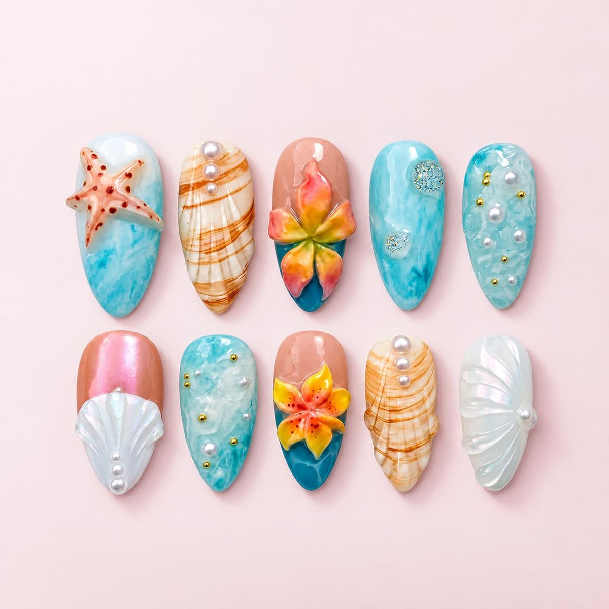 Tropical Starfish Press-On Nails — Stiletto Summer Set