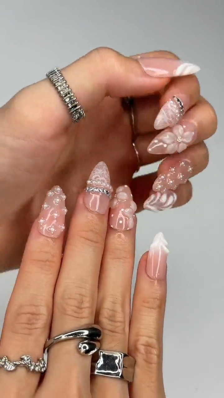 Pink Press On Nails Almond • Bridal Shower Gift Idea • Coquette Pearl Bow 3D Flower Lace