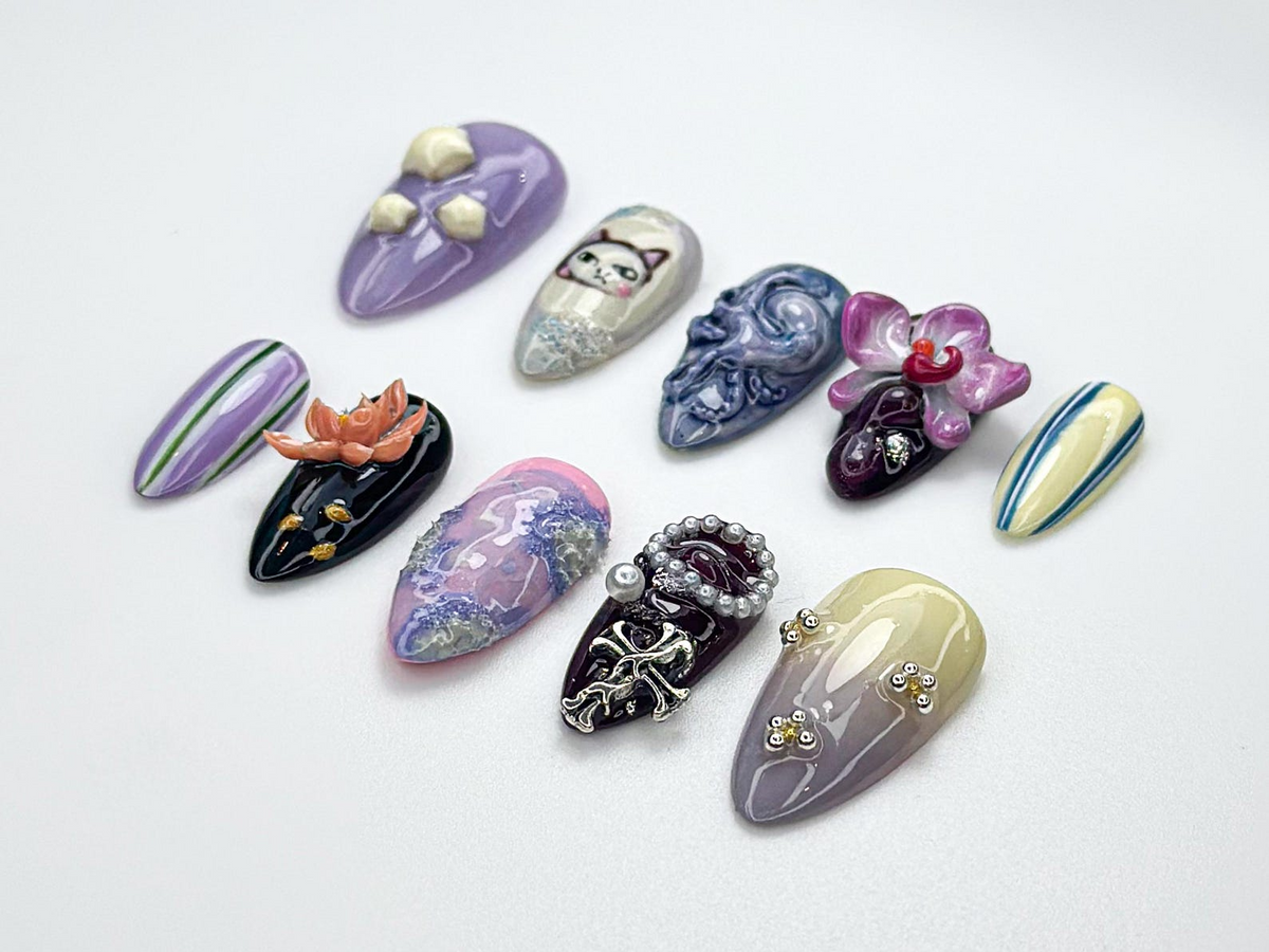 Whimsical Violet Press On Nails 3D Cat & Orchid Nail Art Abstract Swirl Gothic Pearl Nails Handmade Nail Set| Artistic Nails