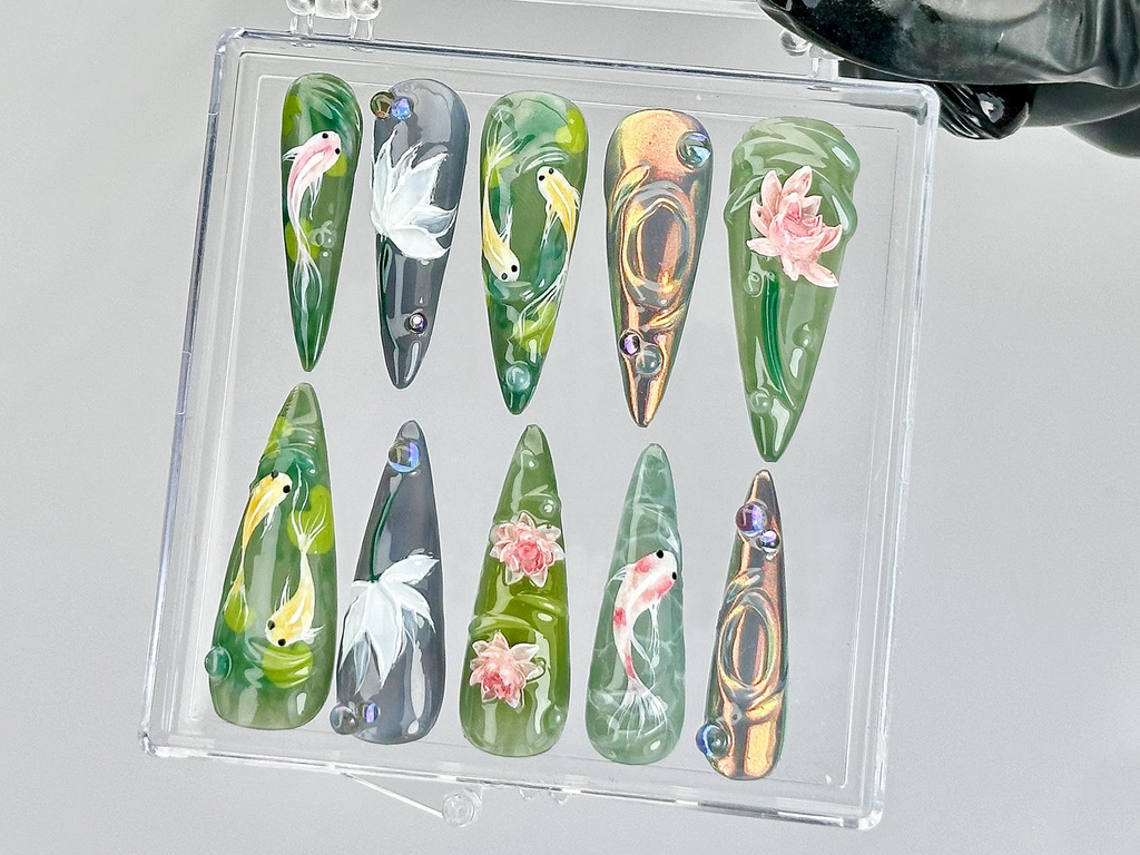 Koi Fish Nail Art by DoryNails Japanese Pond Acrylic Nails Water Garden Nail Art Zen Inspired Fake Nails Nature Aesthetic