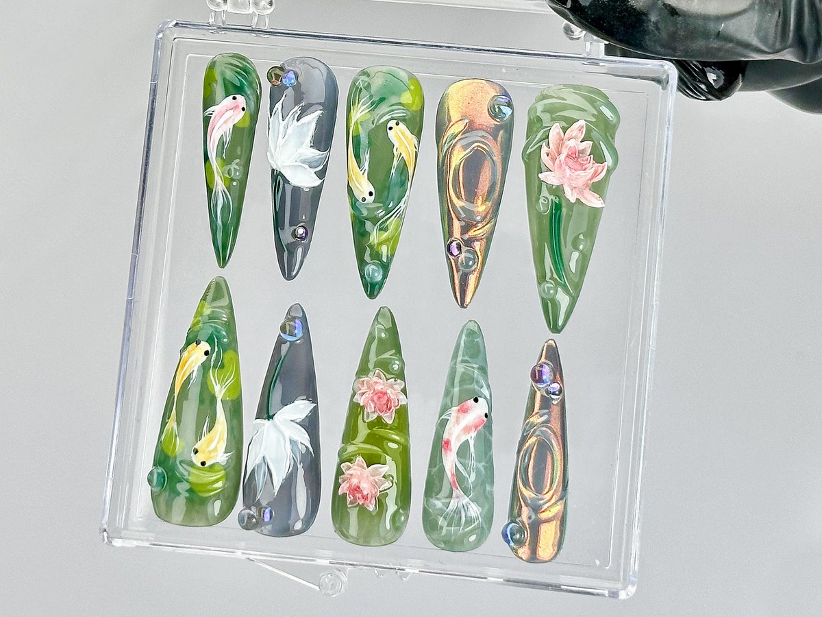 Koi Fish Nail Art by DoryNails Japanese Pond Acrylic Nails Water Garden Nail Art Zen Inspired Fake Nails Nature Aesthetic