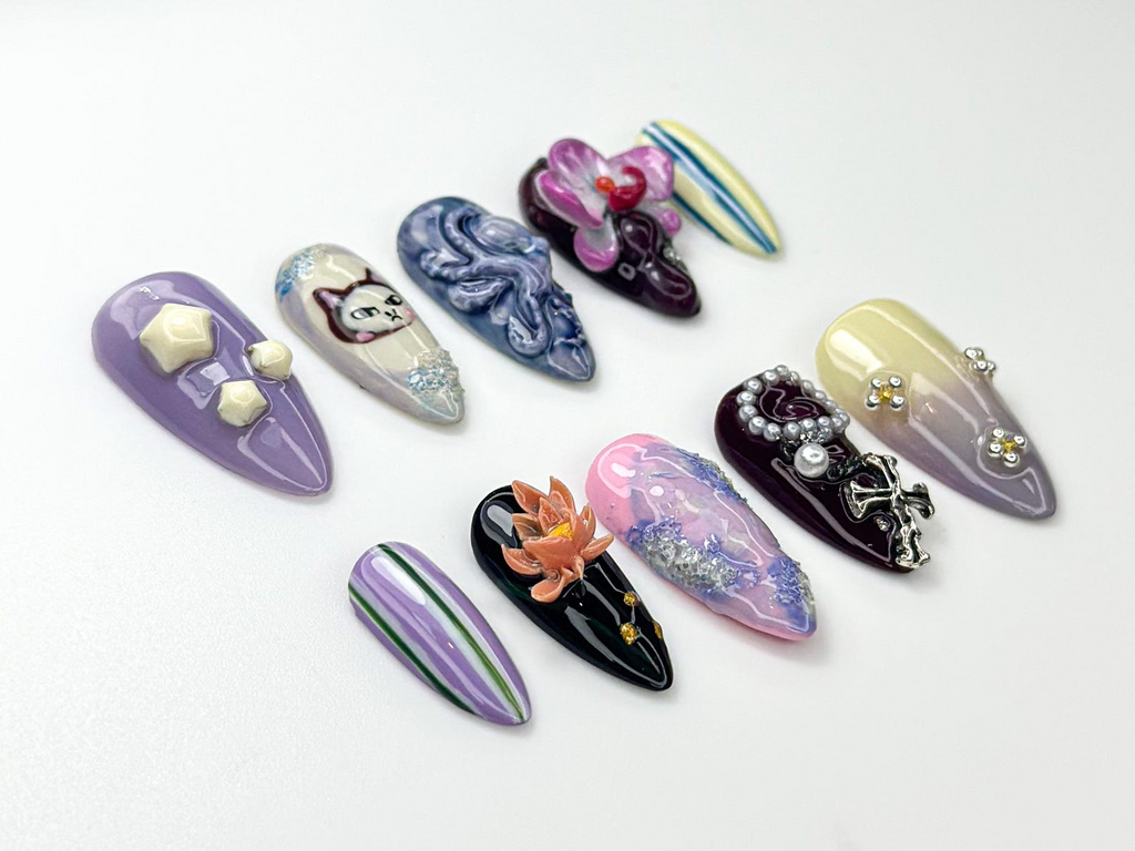 Whimsical Violet Press On Nails 3D Cat & Orchid Nail Art Abstract Swirl Gothic Pearl Nails Handmade Nail Set| Artistic Nails