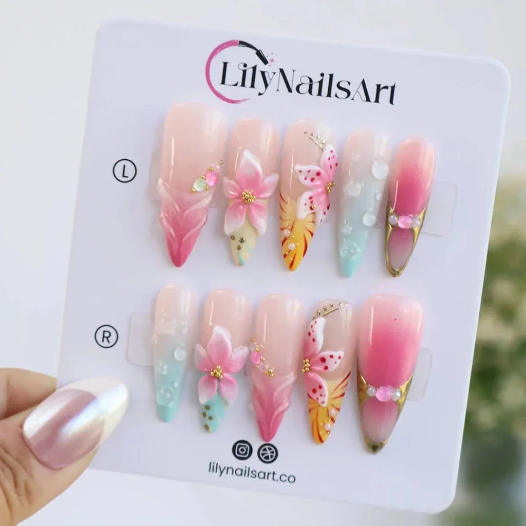 Gossamer Blue Pink Handmade Press On Nails