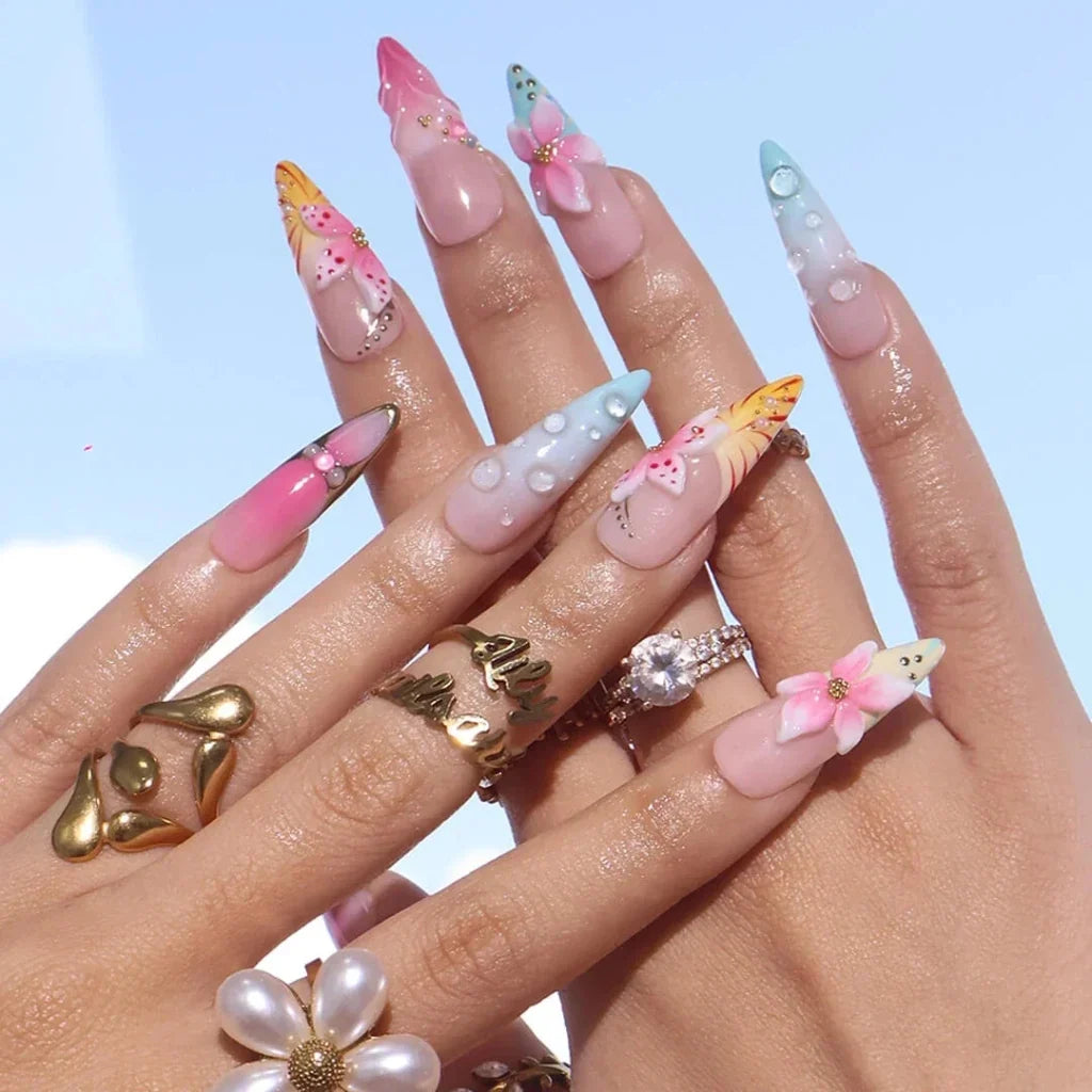 Gossamer Blue Pink Handmade Press On Nails