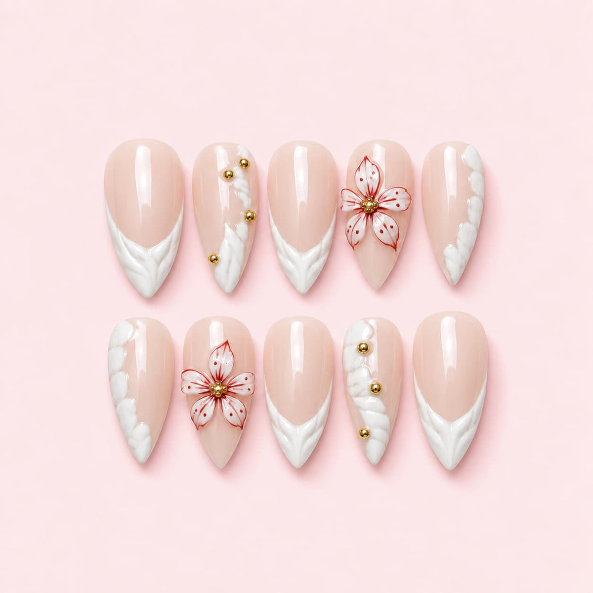 White Floral French Tip Almond Press-On Nails