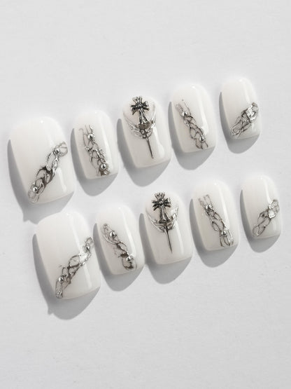 Metallic Patterned White Reusable Press On Nails