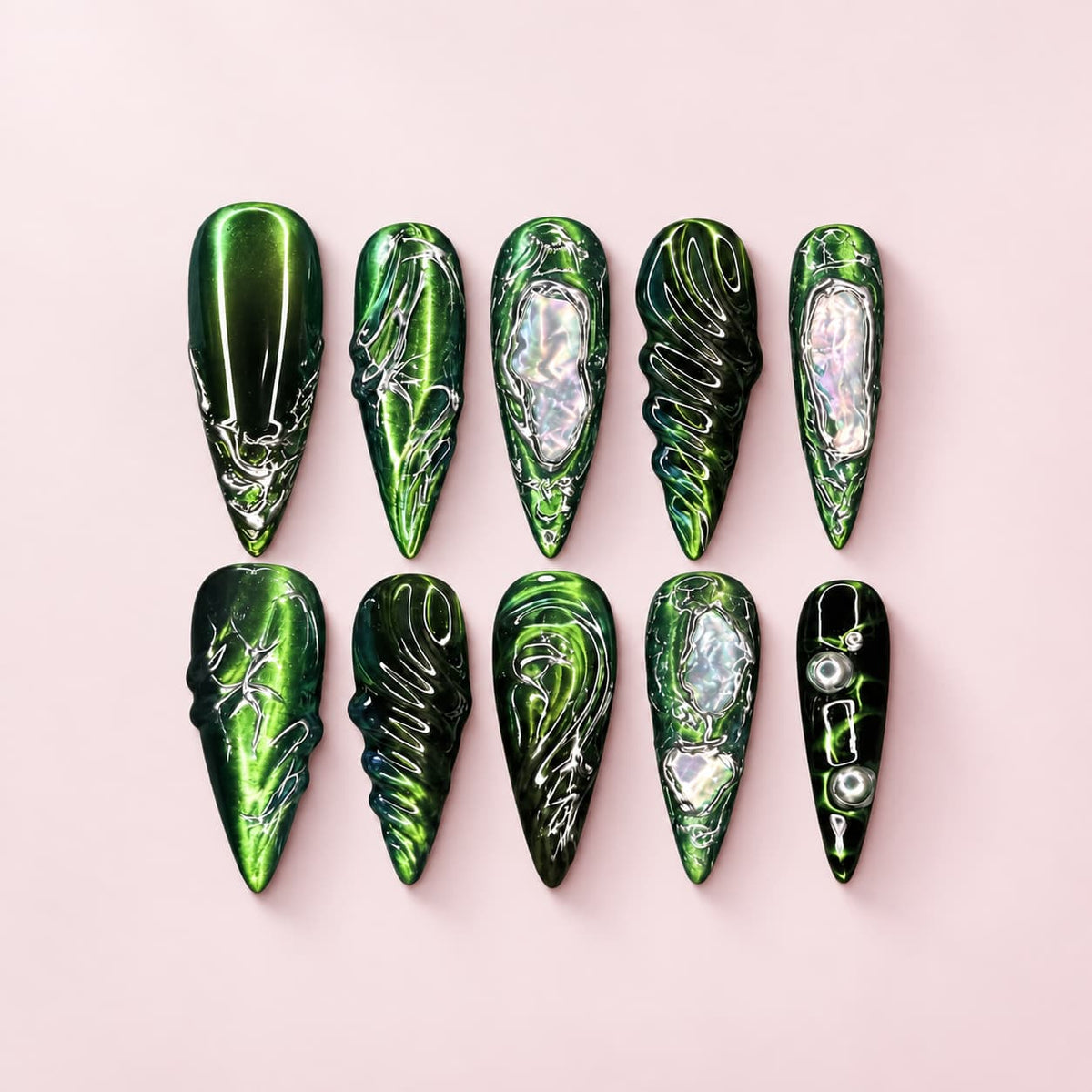 Y2K Olive Chrome Geo Nail Set — Stiletto Chrome Press-Ons