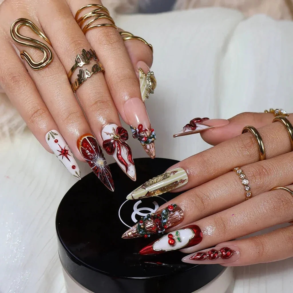 Yuletide Bow Christmas Red Ruby Press On Nails