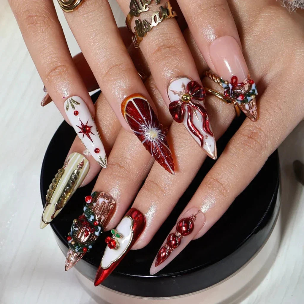Yuletide Bow Christmas Red Ruby Press On Nails