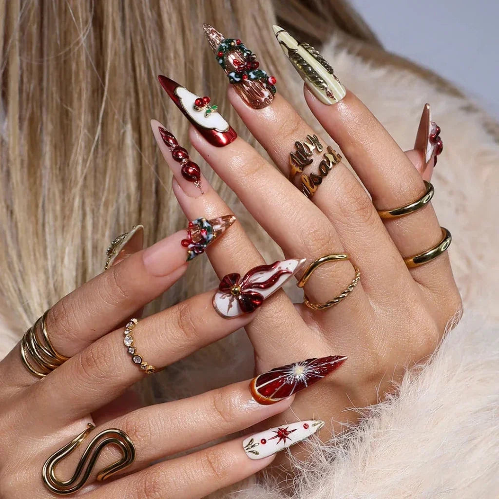Yuletide Bow Christmas Red Ruby Press On Nails