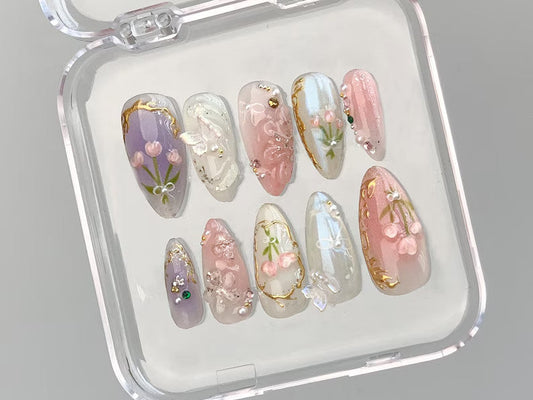 Dreamy Press On Nails Almond, Jelly Pastel Tulip Nail Art, 3D FairyCore Flower Press