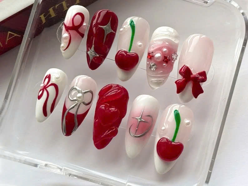 Whimsical Red Cherry Press On Nails, Elegant Bows & Cherries Nail Art, Playful Cherry Fake