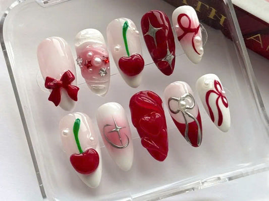 Whimsical Red Cherry Press On Nails, Elegant Bows & Cherries Nail Art, Playful Cherry Fake