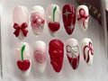Whimsical Red Cherry Press On Nails, Elegant Bows & Cherries Nail Art, Playful Cherry Fake