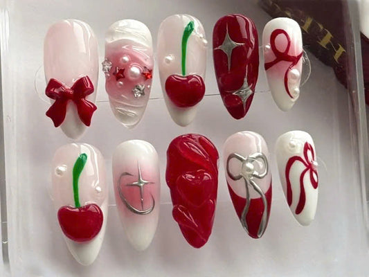 Whimsical Red Cherry Press On Nails, Elegant Bows & Cherries Nail Art, Playful Cherry Fake