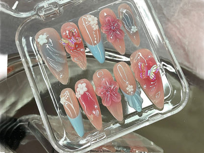 Spring Blossom Press On Nails, Stunning Floral Acrylic, Elegant Floral Nail Charm